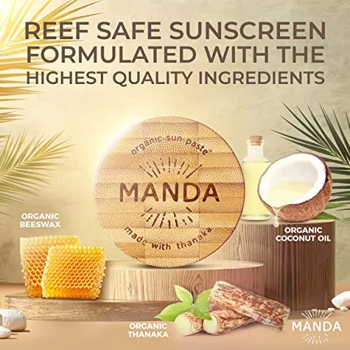MANDA Organic Sun Paste - Natural, Reef & Ocean Safe - SPF 50 Sunscreen - Thanaka & Organic Ingredients for Active Lifestyles - Surfers, Hikers, Cyclists, Athlete Sunblock paste - 1.4oz